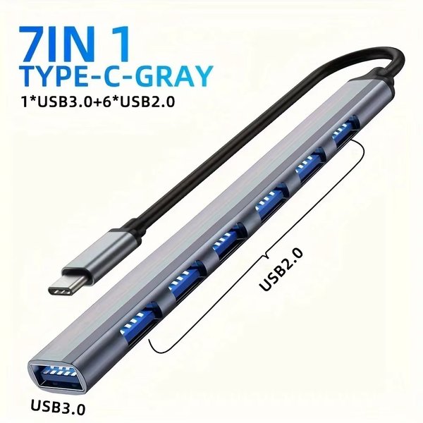 Hub USB-C 7-en-1 Aluminium - 1x USB 3.0 + 6x USB 2.0 (Hôte Type-C)