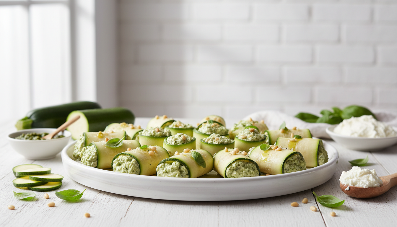 Whipped Pesto Ricotta Zucchini Involtini