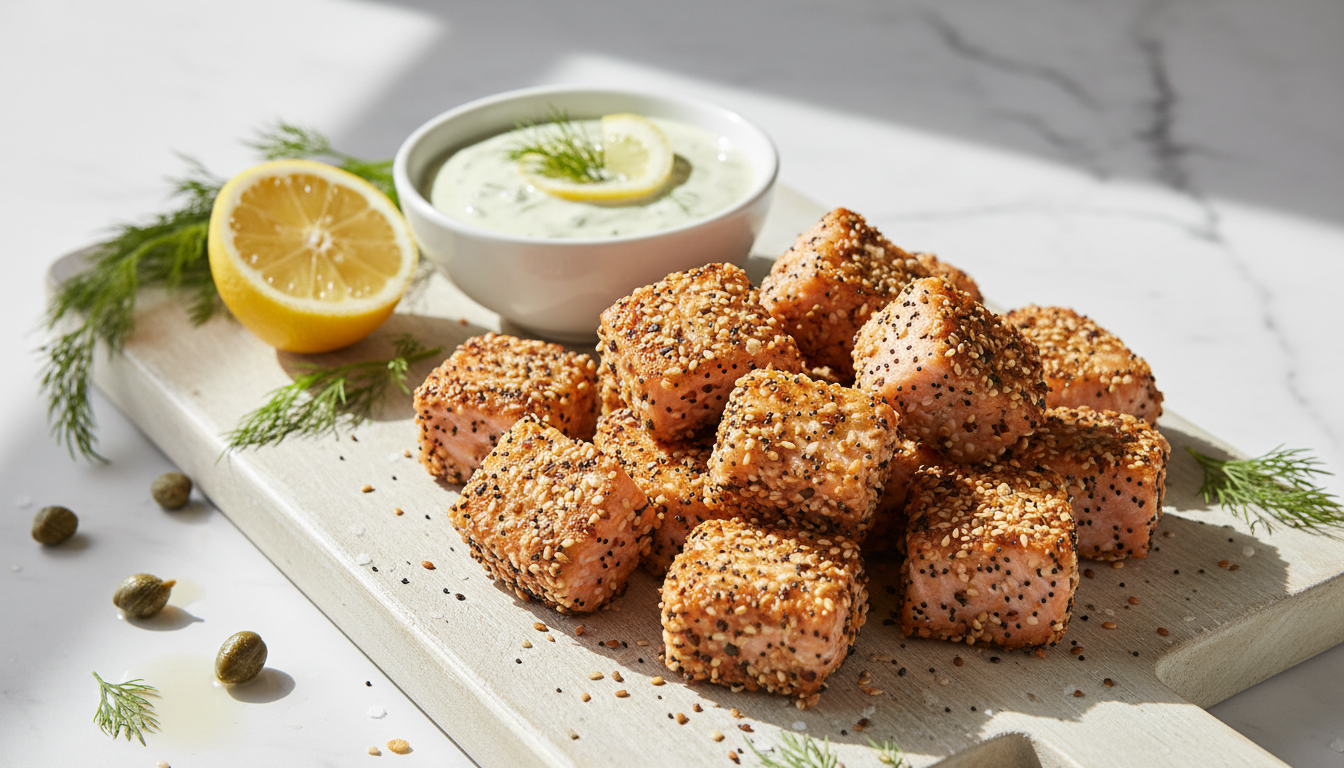 Air Fryer Everything Bagel Salmon Bites with Lemon Dill Aioli