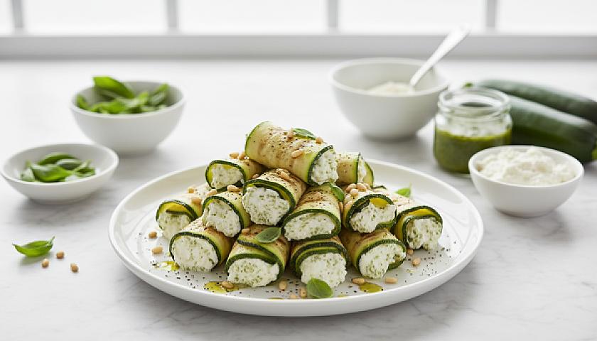 Creamy Whipped Pesto Ricotta Zucchini Involtini