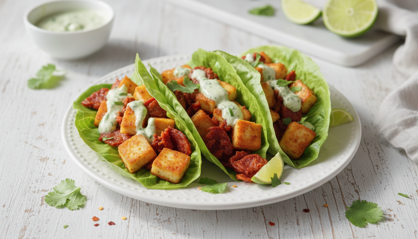 Keto Crispy Halloumi & Chorizo Lettuce Tacos with Lime Crema