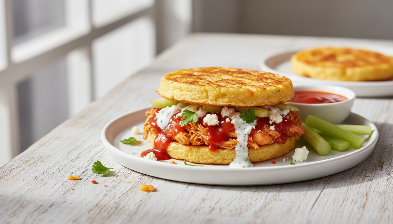 Ultimate Keto Spicy Buffalo Chicken Chaffle Sandwich