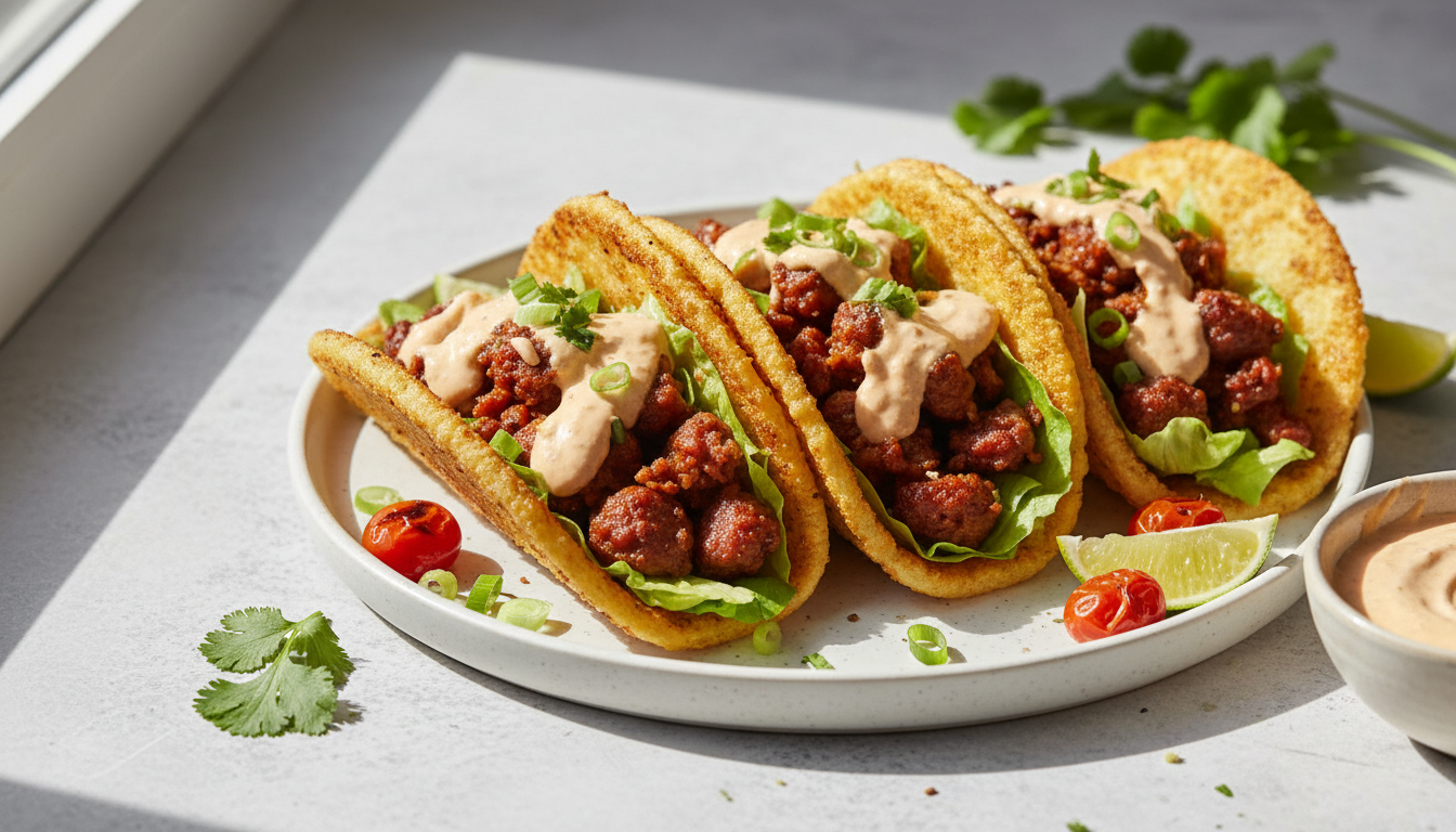 Keto Crispy Halloumi & Chorizo Tacos with Chipotle Lime Crema