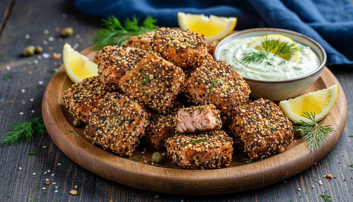 Crispy Keto Everything Bagel Salmon Bites with Lemon Dill Aioli