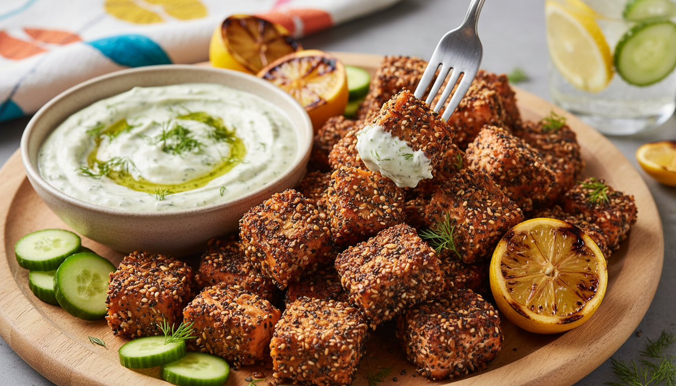 Crispy Everything Bagel Salmon Bites with Creamy Dill Dip