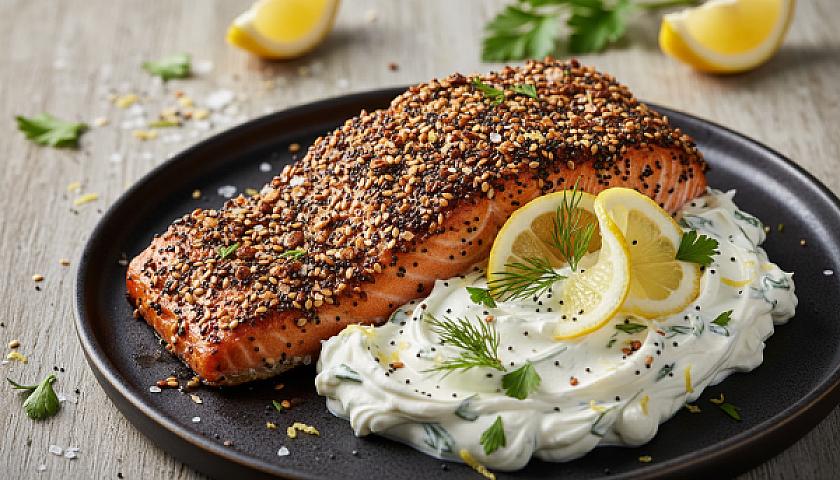 Keto Everything Bagel Crusted Salmon with Whipped Lemon-Herb Cream Cheese