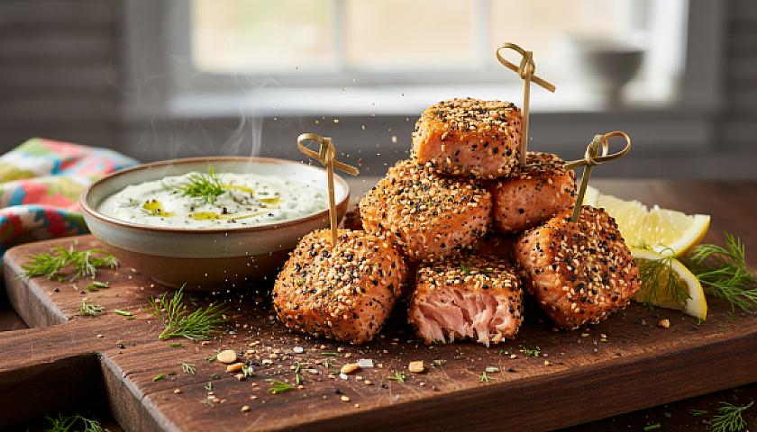 Crispy Keto Everything Bagel Salmon Bites with Creamy Dill Dip