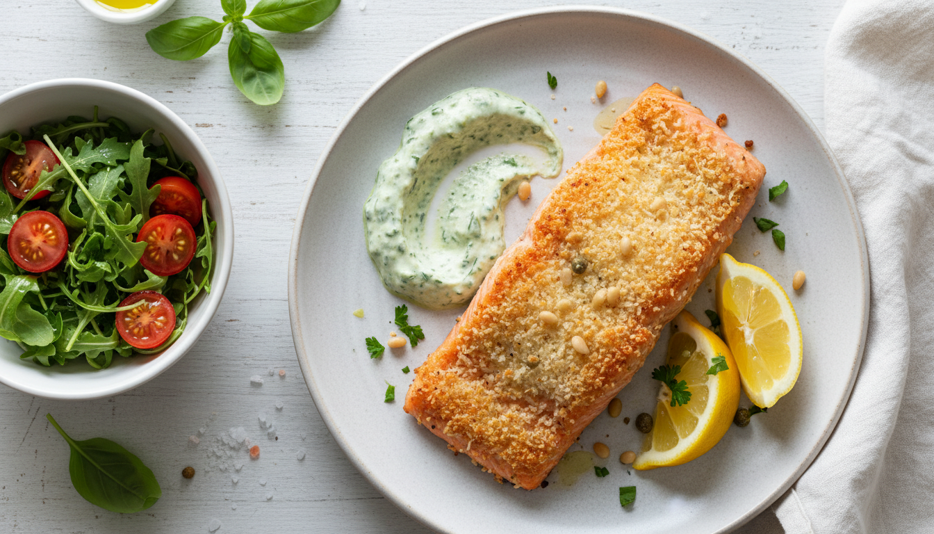 Keto Crispy Parmesan-Crusted Salmon with Pesto Aioli
