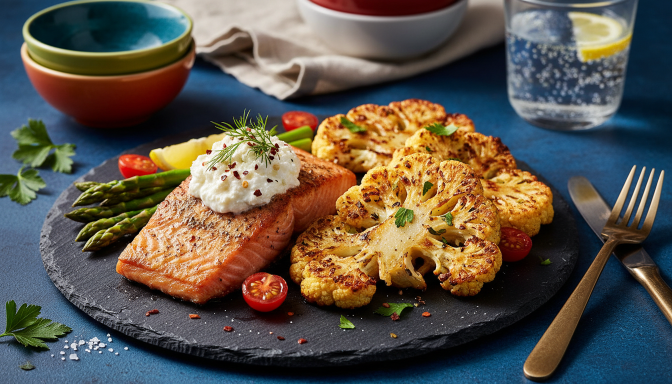 Creamy Keto Whipped Feta Salmon with Roasted Cauliflower Steaks