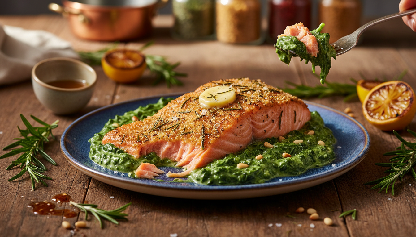 Keto Brown Butter & Rosemary Salmon over Rich Creamed Spinach
