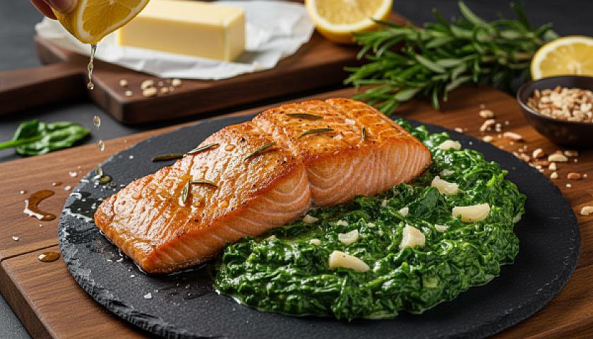 Keto Brown Butter & Rosemary Salmon with Rich Creamed Spinach