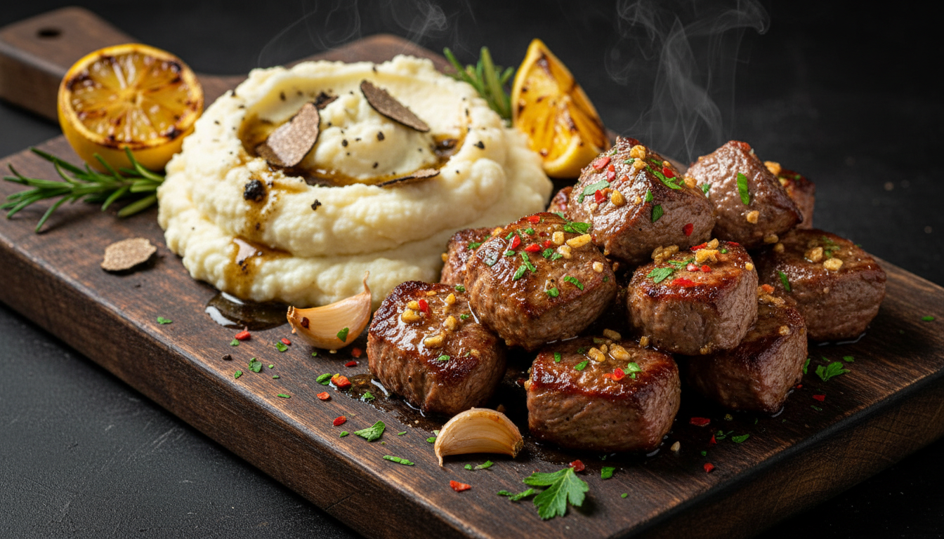 Keto Garlic Butter Steak Bites with Truffle Cauliflower Mash
