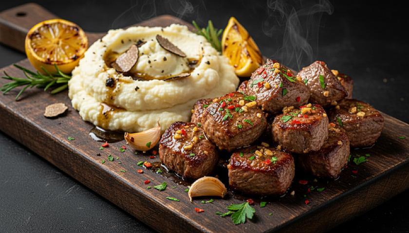 Keto Garlic Butter Steak Bites with Truffle Cauliflower Mash