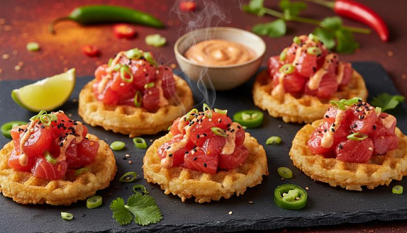 Spicy Salmon Crispy Rice Waffle Bites