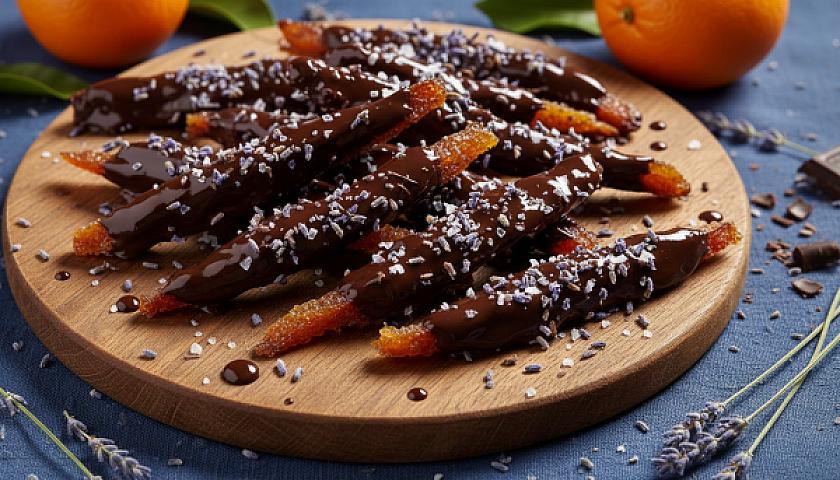 Botanical Dark Chocolate Dipped Orange Peels with Lavender & Sea Salt