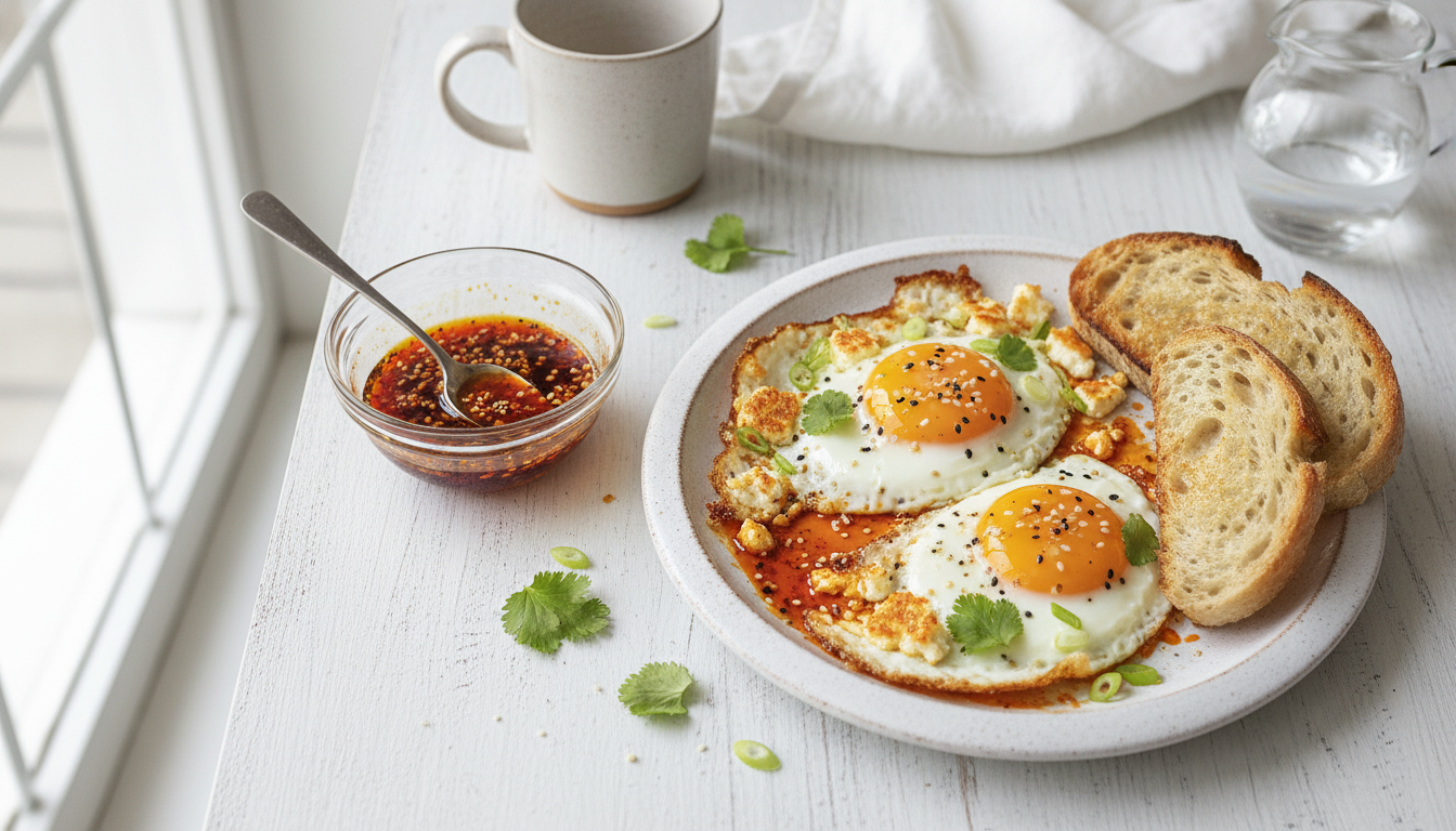 Crispy Feta Fried Eggs with Spicy Chili Oil