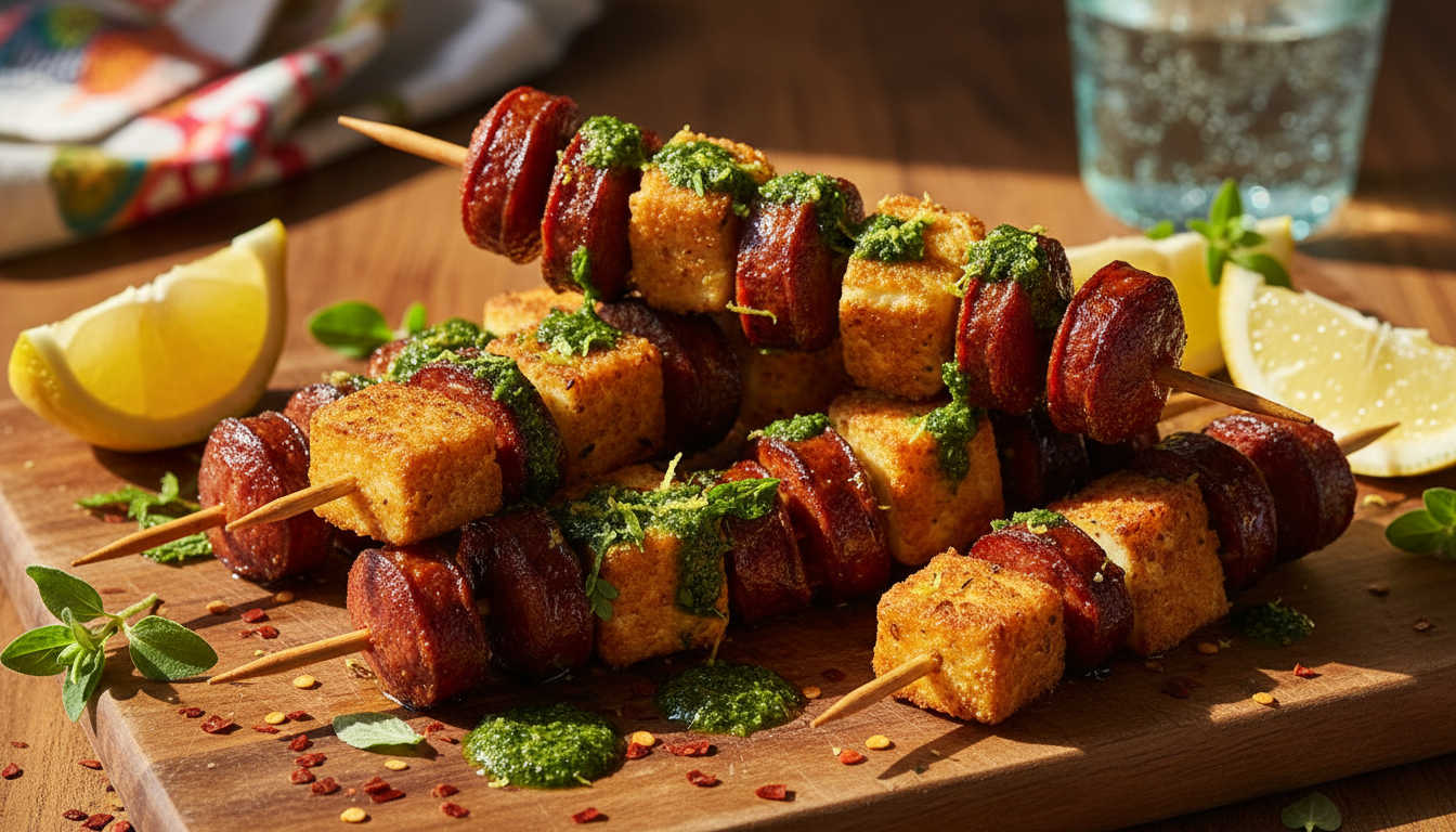 Crispy Keto Halloumi and Chorizo Skewers with Lemon Herb Drizzle