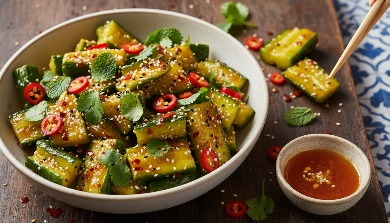 Crispy Smashed Cucumber Salad with Hot Honey Garlic