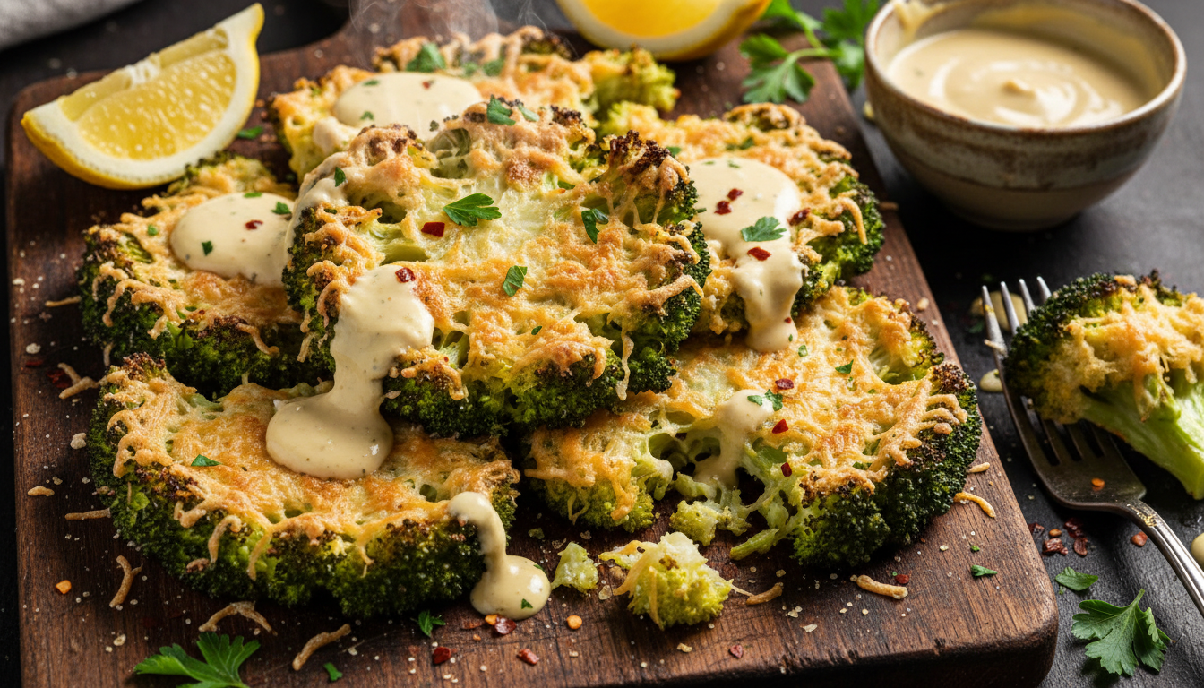 Crispy Smashed Parmesan Broccoli with Lemon Tahini