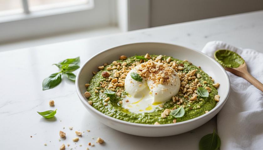 Creamy Keto Pesto Burrata Bowl with Macadamia Crunch