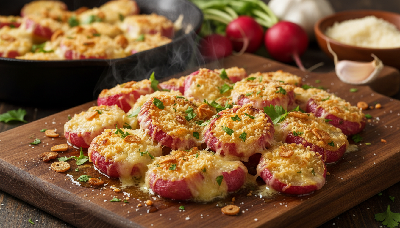Crispy Garlic Butter Smashed Radishes with Parmesan Crust