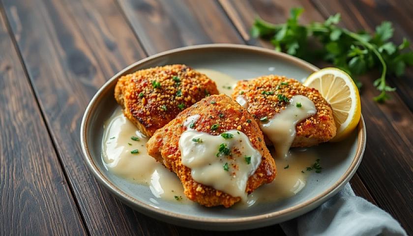 Air Fryer Keto Parmesan-Crusted Chicken Thighs with Lemon Herb Sauce