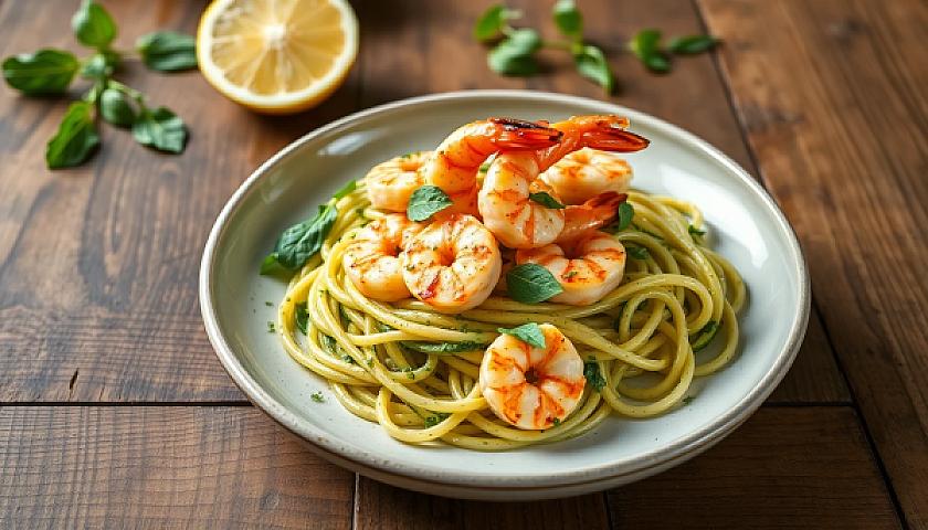 Keto Lemon Basil Pesto Zucchini Noodles with Grilled Shrimp