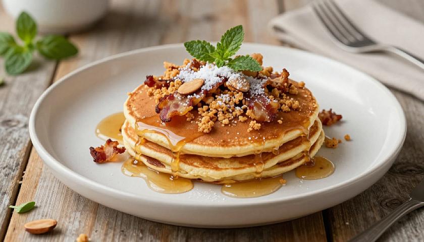 Almond Flour Pancake Stack with Bacon Crumble & Sugar‑Free Maple Syrup