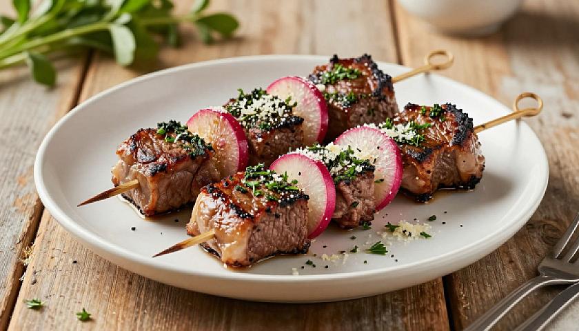 Herb‑Infused Ribeye Skewers with Parmesan Radish Crisps
