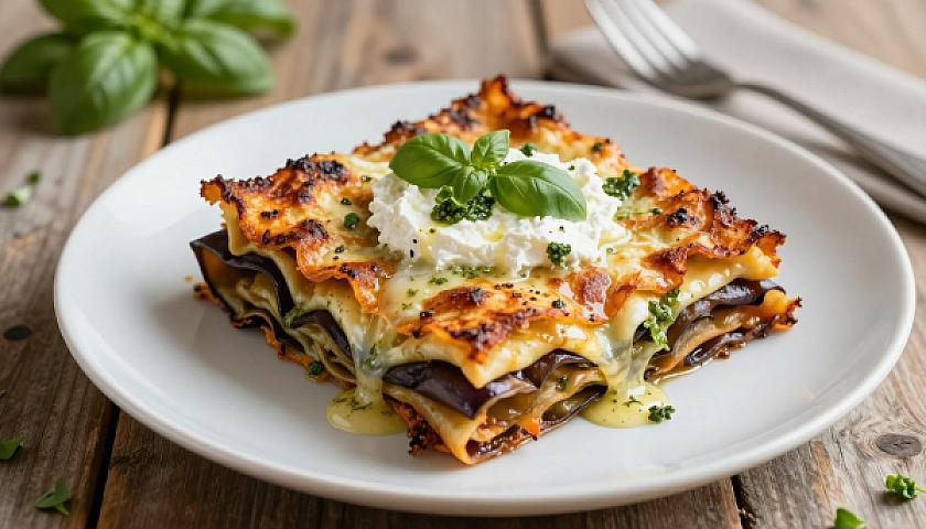 Mediterranean Eggplant Lasagna with Ricotta and Basil Pesto