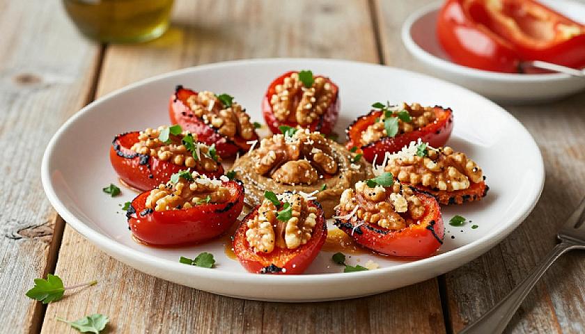 Roasted Red Pepper and Walnut Dip with Parmesan Crisps