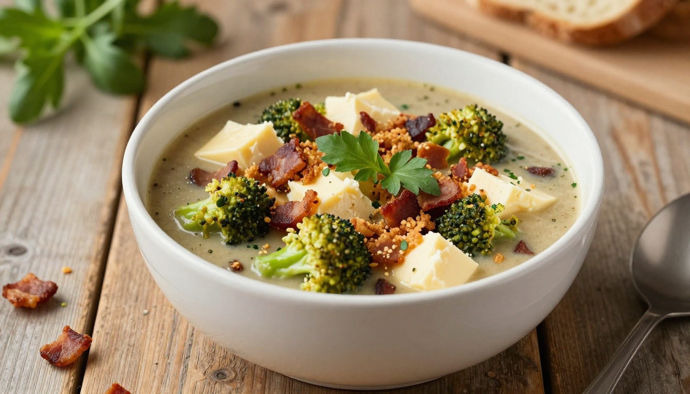 Hearty Keto Broccoli Cheddar Soup with Bacon Crumble