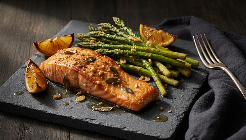 Keto Brown Butter Sage Salmon with Lemon Garlic Asparagus