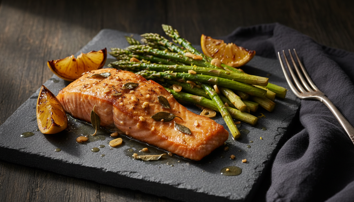 Keto Brown Butter Sage Salmon with Lemon Garlic Asparagus