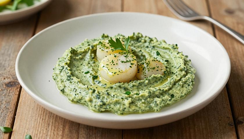 Herb‑Infused Lemon Butter Scallops over Creamy Spinach Puree