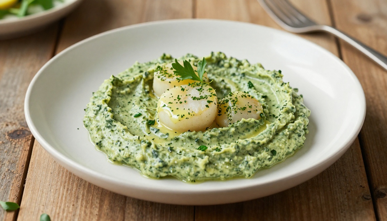 Herb‑Infused Lemon Butter Scallops over Creamy Spinach Puree