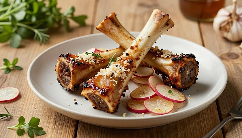 Garlic Rosemary Roasted Bone Marrow with Parmesan‑Crusted Radish Chips
