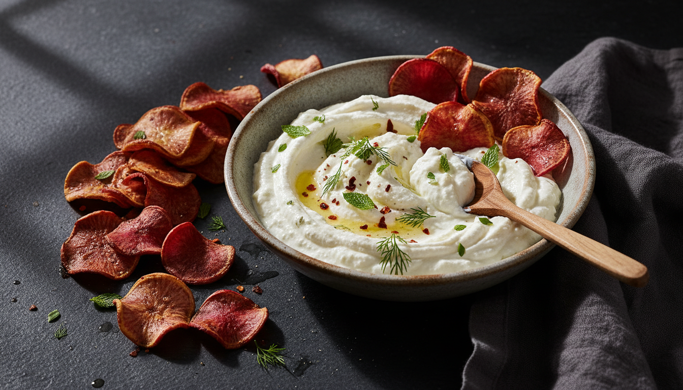 Creamy Whipped Feta Dip with Crispy Roasted Radish Chips