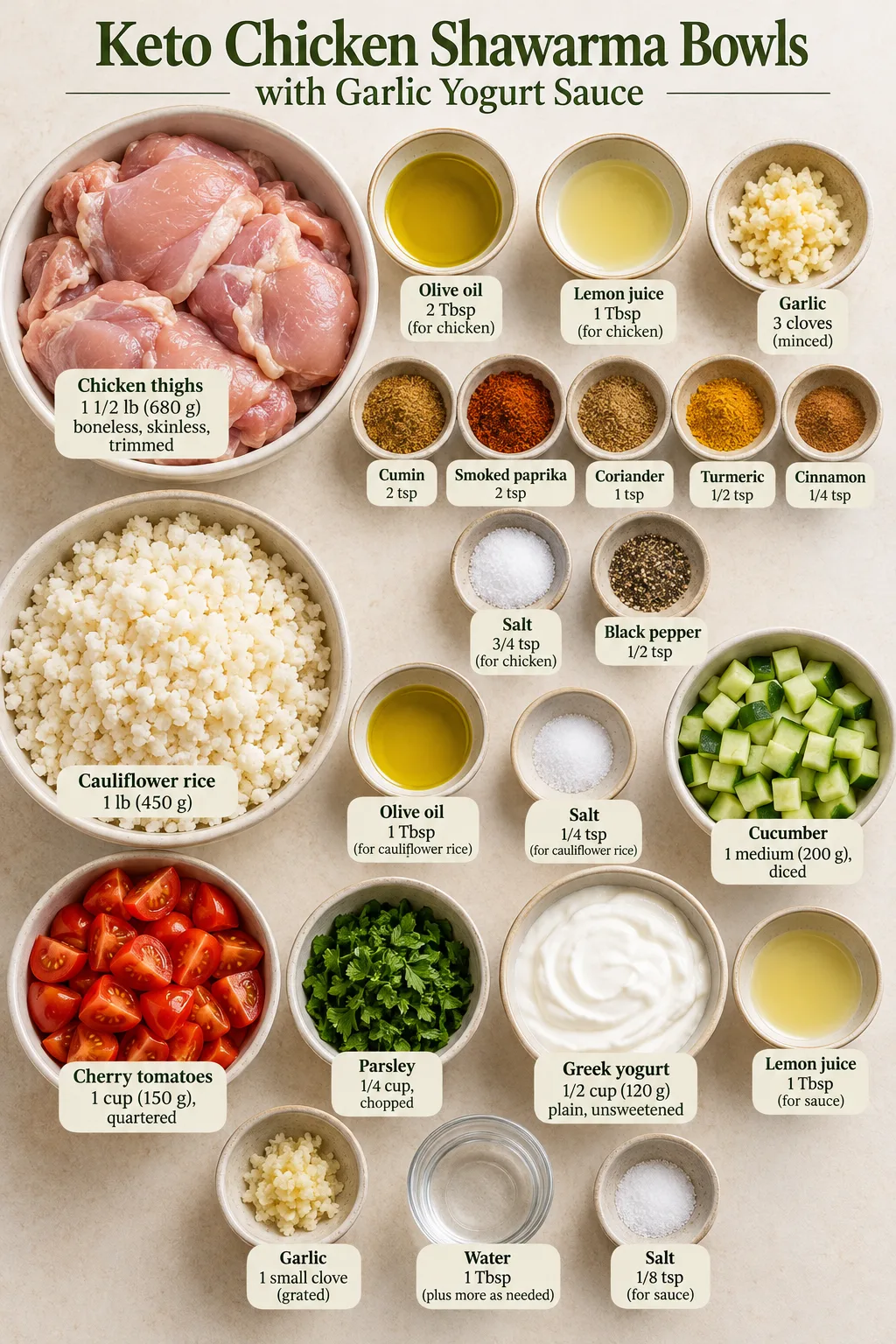 Vertical ingredient guide for Oven-Roasted Keto Chicken Shawarma Bowls