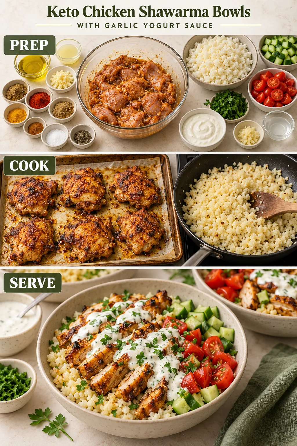 Vertical preparation and step-by-step process guide for Oven-Roasted Keto Chicken Shawarma Bowls