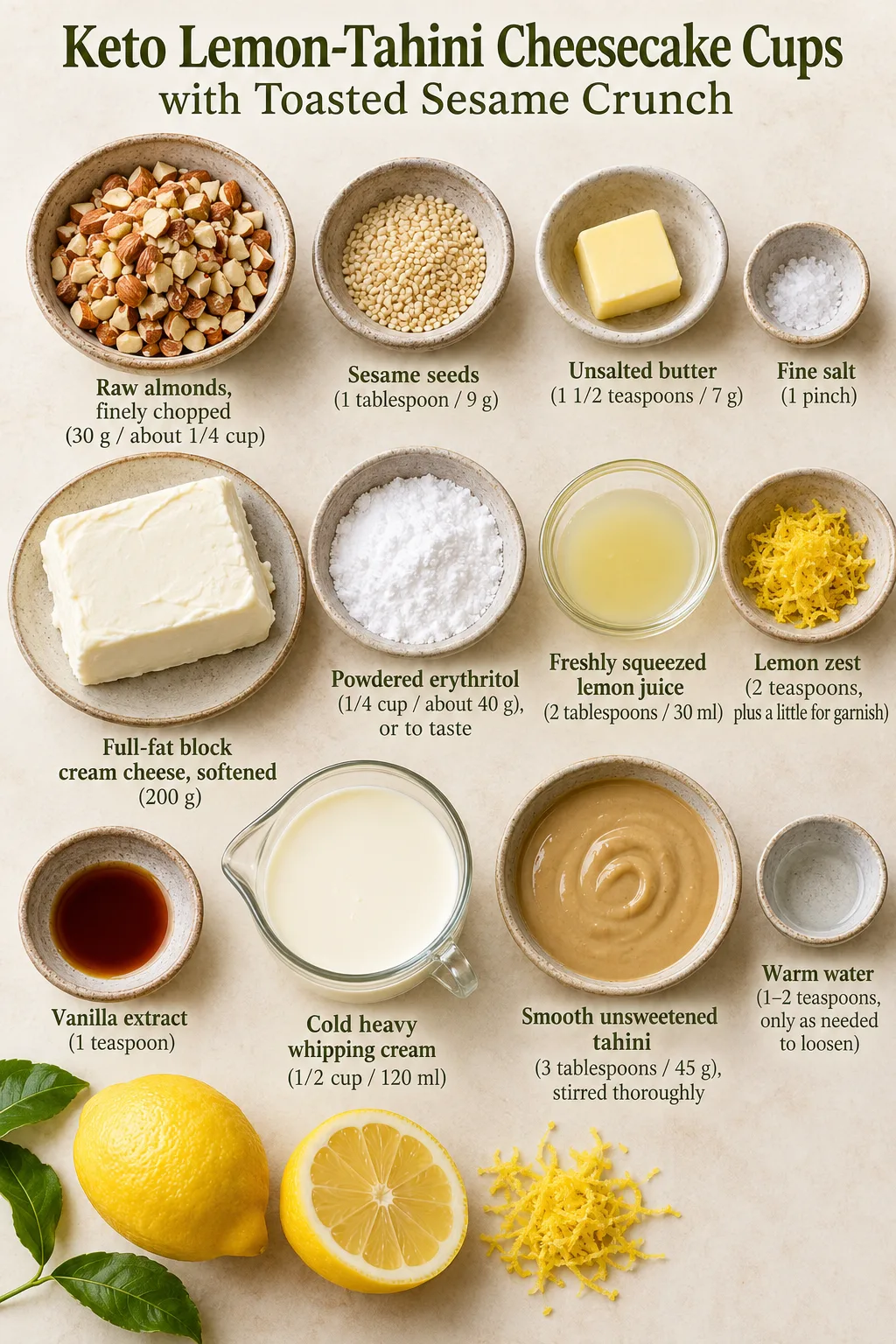 Vertical ingredient guide for No-Bake Lemon-Tahini Cheesecake Cups