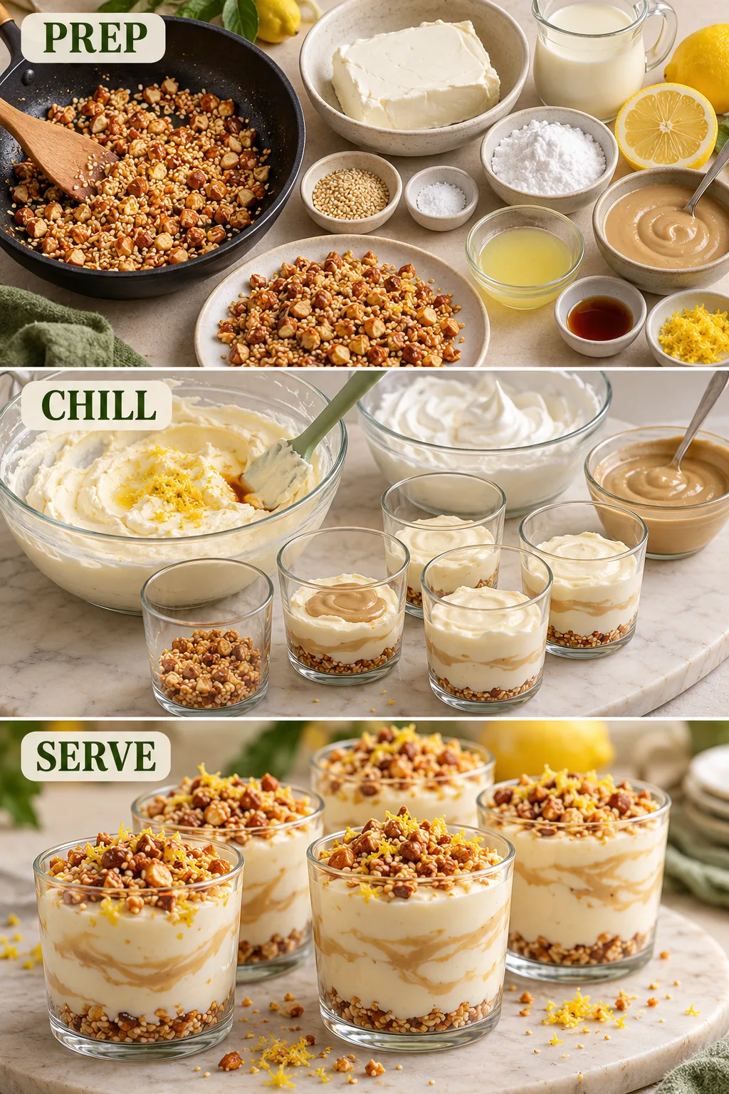 Vertical preparation and step-by-step process guide for No-Bake Lemon-Tahini Cheesecake Cups